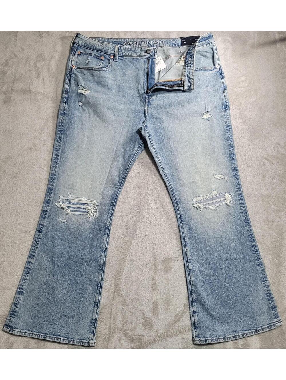 American Eagle Easyflex Slim Flare Jeans Mens 42x32 Blue Distressed Stretch